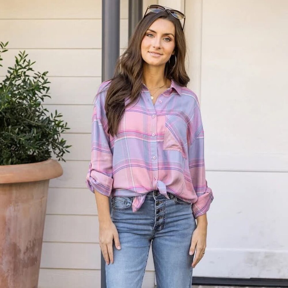Grace & Lace Soft Brushed Spring Plaid Shirt in Pink Plaid